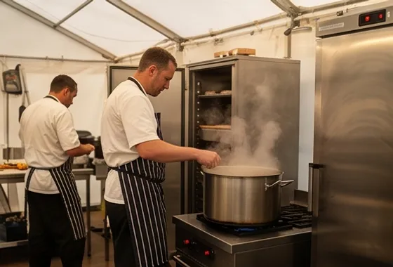 Chefs at work over steaming pans in a marquee field kitchen