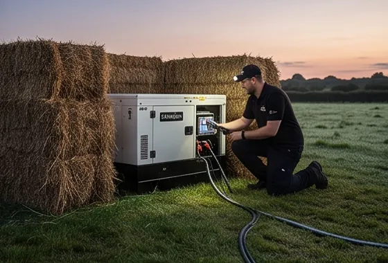 Engineer connecting cables to a silenced generator screened behind hay bales at dusk