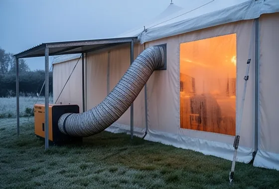 Indirect heater ducting warm air into a marquee on a frosty evening