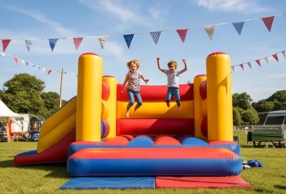 Children mid-bounce on a bouncy castle under bunting at a village fete