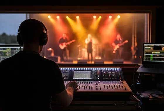 Sound engineer mixing a live band from the desk at an evening event