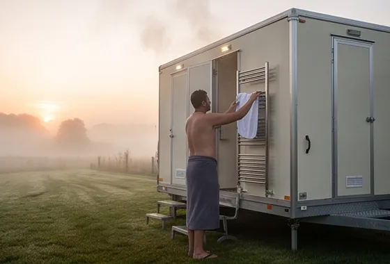 Event shower trailer in a misty campsite field at sunrise