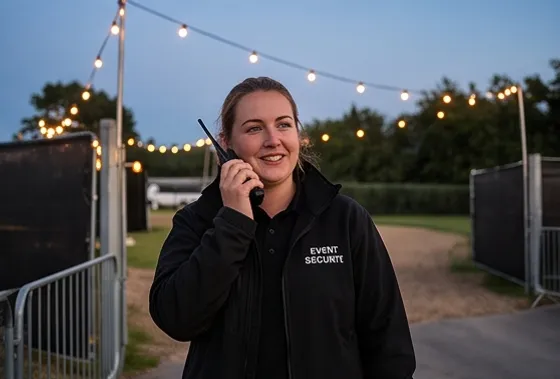 Event security steward with a radio at a festoon-lit entrance at dusk