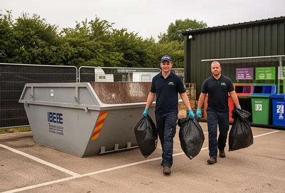 Crew carrying waste bags to an event skip beside a recycling station